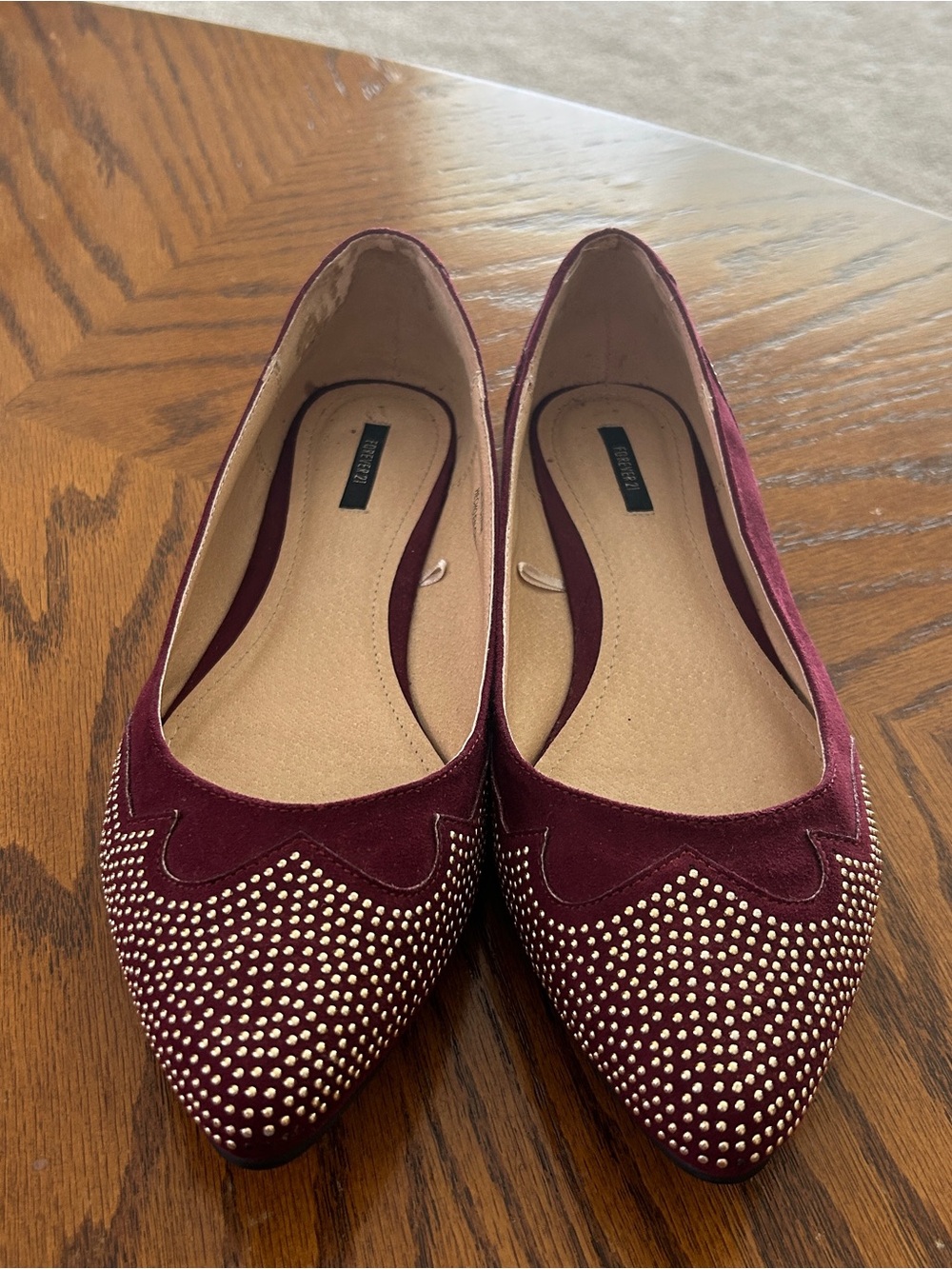 FOREVER 21 Burgundy Studded Pointed Toe Flats -